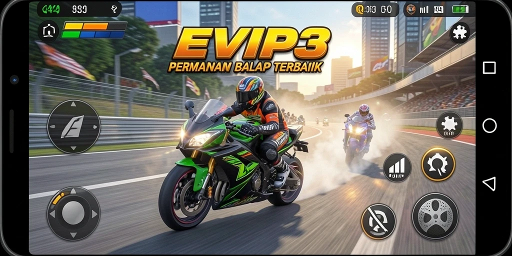 Tampilan gameplay balap motor yang mendebarkan dan realistis.