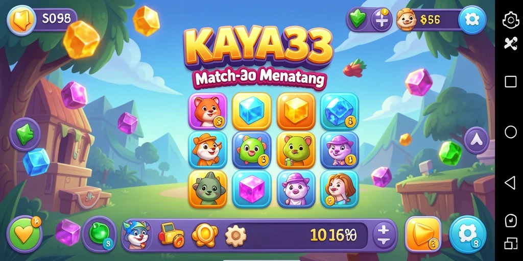 Tampilan gameplay KAYA33 dengan kombinasi permata yang berwarna-warni.